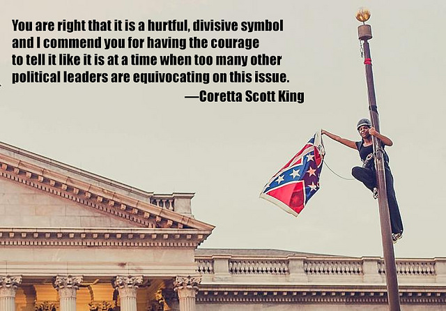 Meme showing Bree Newsome removing the Confederate flag from the South Carolina Statehouse in 2015 with a quotation from Coretta Scott King