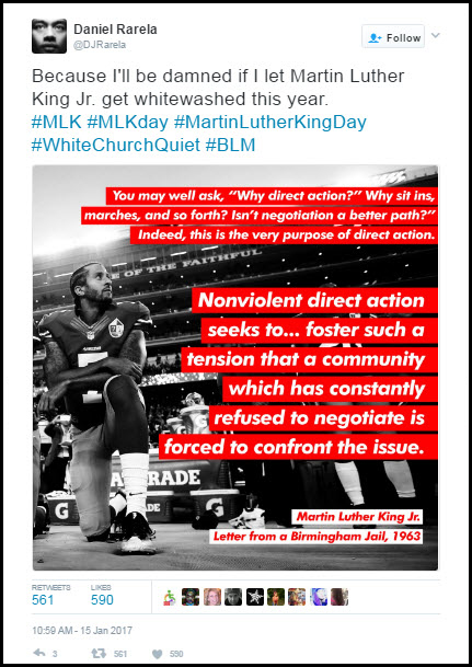 Rarela's Meme of Colin Kaepernick with MLK Jr quotation on direct action