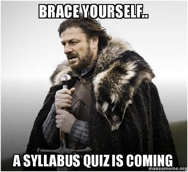 Game of Thrones character Eddard Stark meme with the caption 'Brace yourself . . . a syllabus quiz is coming'